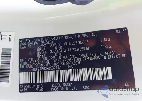 2021 Toyota Highlander L z USA, uszkodzony, nr VIN 5TDCZRBH2MS537417